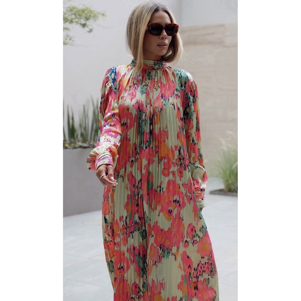 Beulah Style Pleated Satin Maxi Dress Multicolor Abstract Floral Print One Size